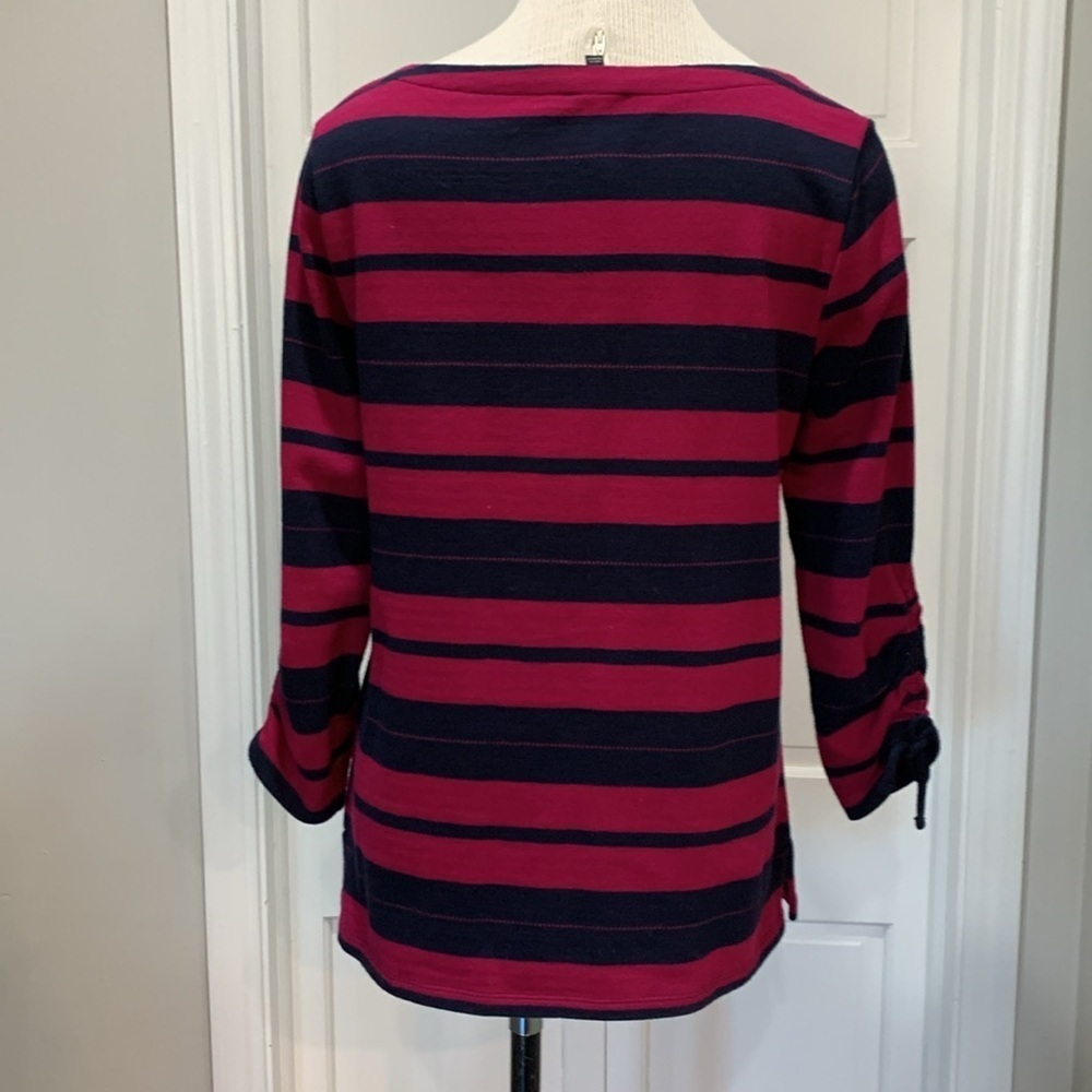 Talbots sz S navy blue and magenta cotton boatneck striped 3/4 sleeve top - Picture 4 of 7